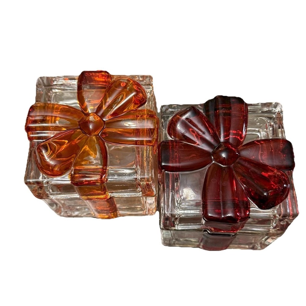 Vintage Glass Present‎ Trinket Boxes Red & Orange Ribbon Gift Box Lot of 2